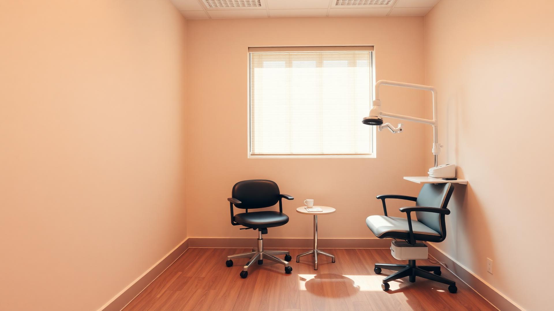 Quiet consultation room at an optometry practice, natural window light