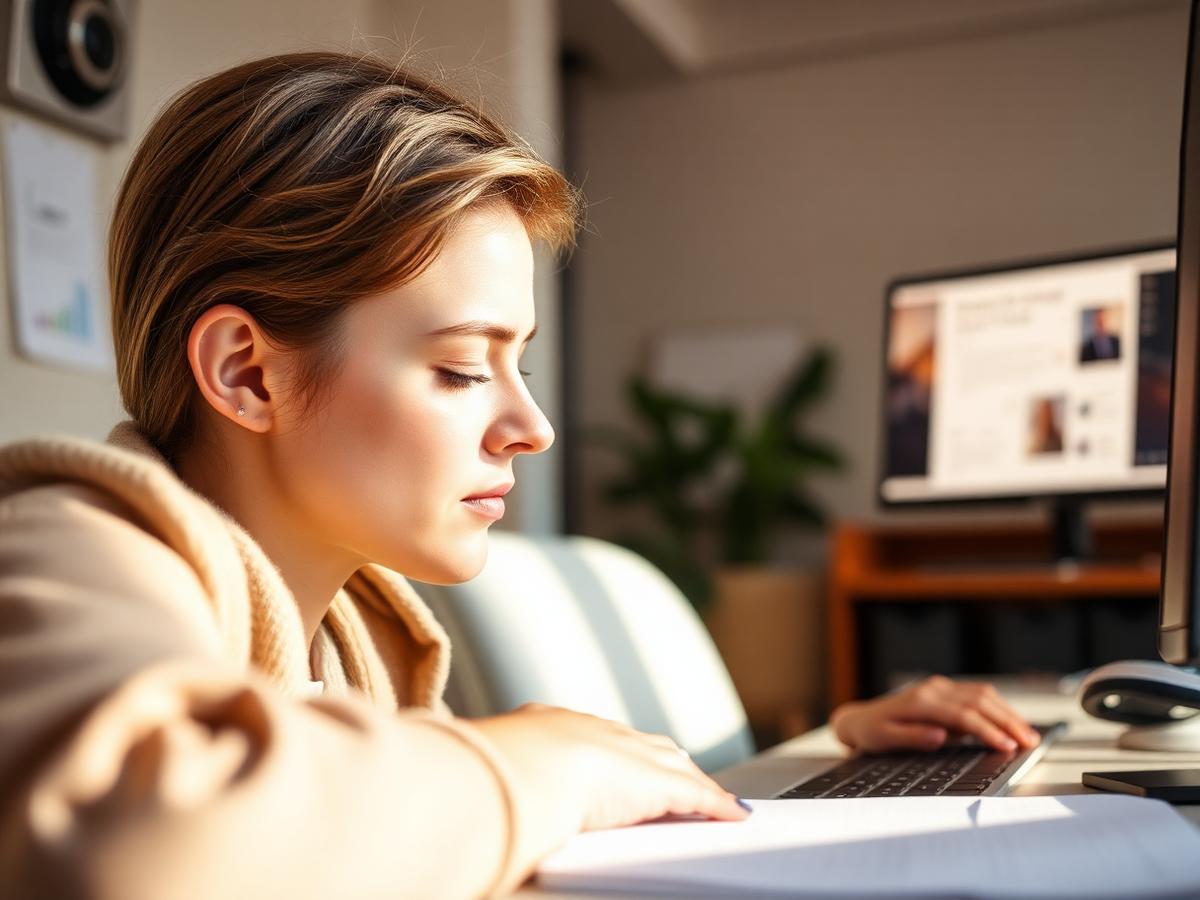 Person pausing from computer work to rest their eyes at a bright desk
