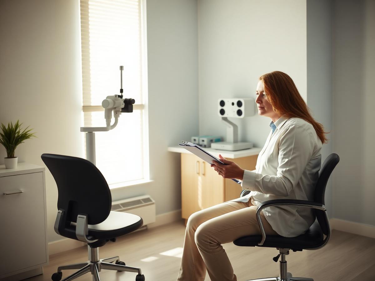 Optometrist reviewing a care plan with a seated patient in a bright exam room