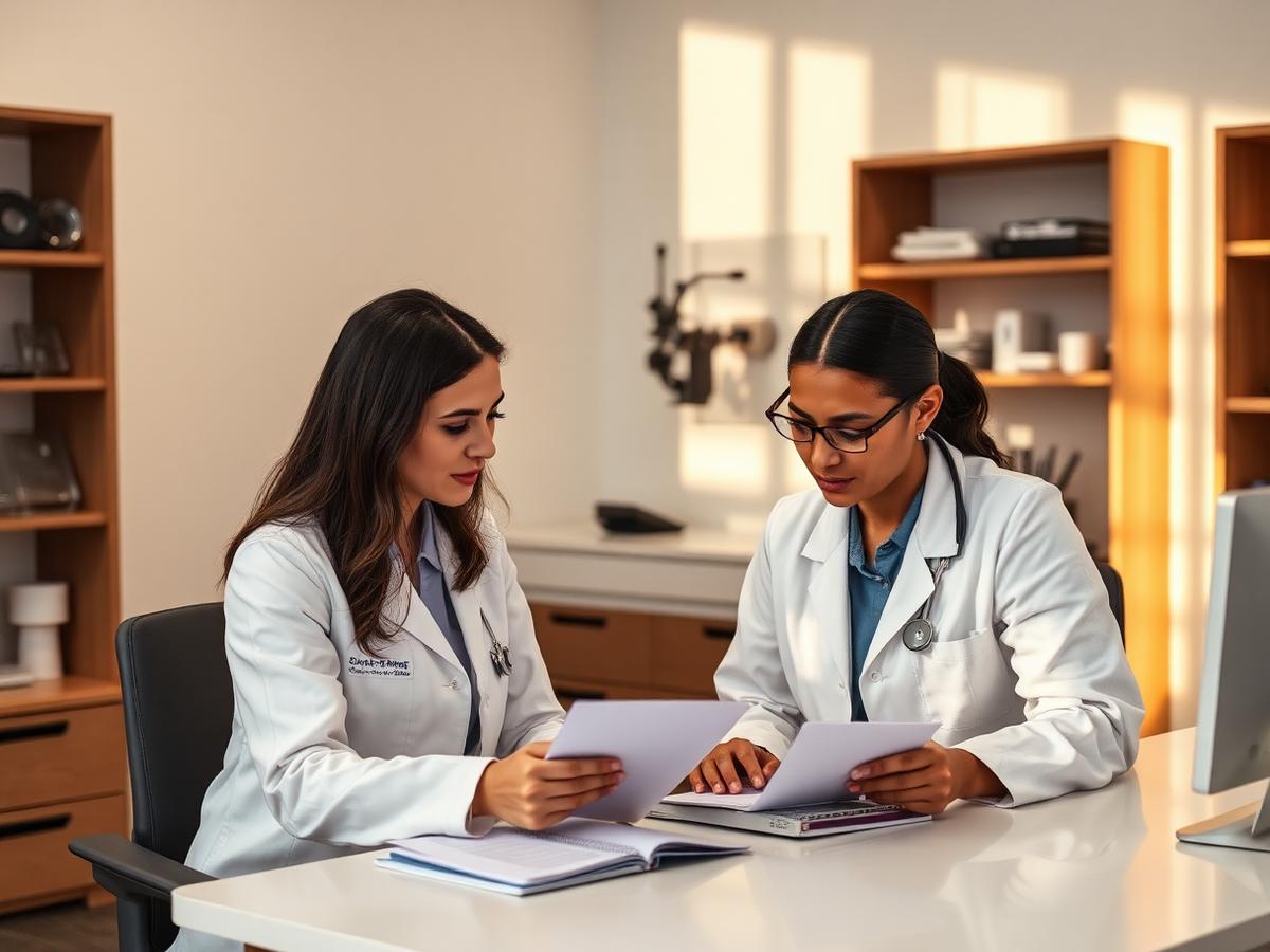 Two clinicians reviewing patient notes together at a consultation desk