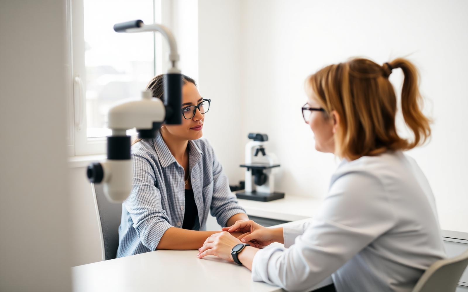 Patient discussing dry eye symptoms with an optometrist in a bright exam room