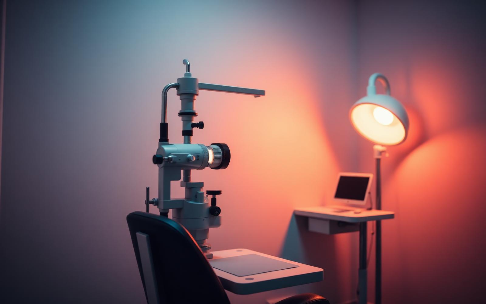 Quiet optometry exam room with a slit lamp lit by a warm lamp in the evening