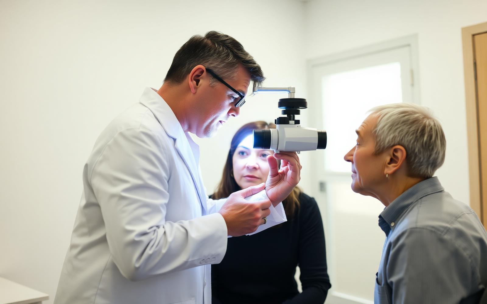 Optometrist examining a patient's eye with a handheld light in a bright exam room
