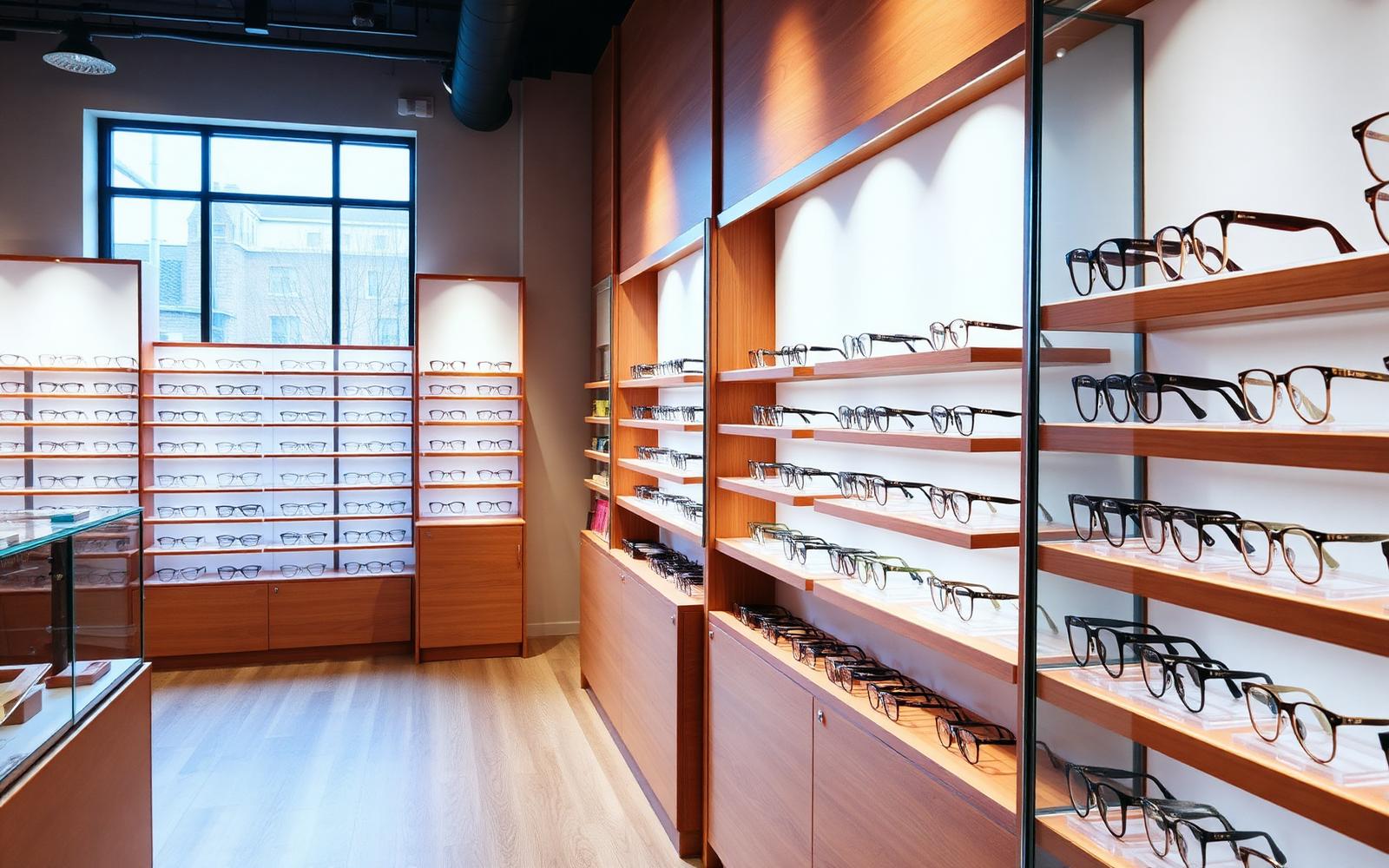 Optical boutique interior with rows of designer eyeglass frames on wooden shelves