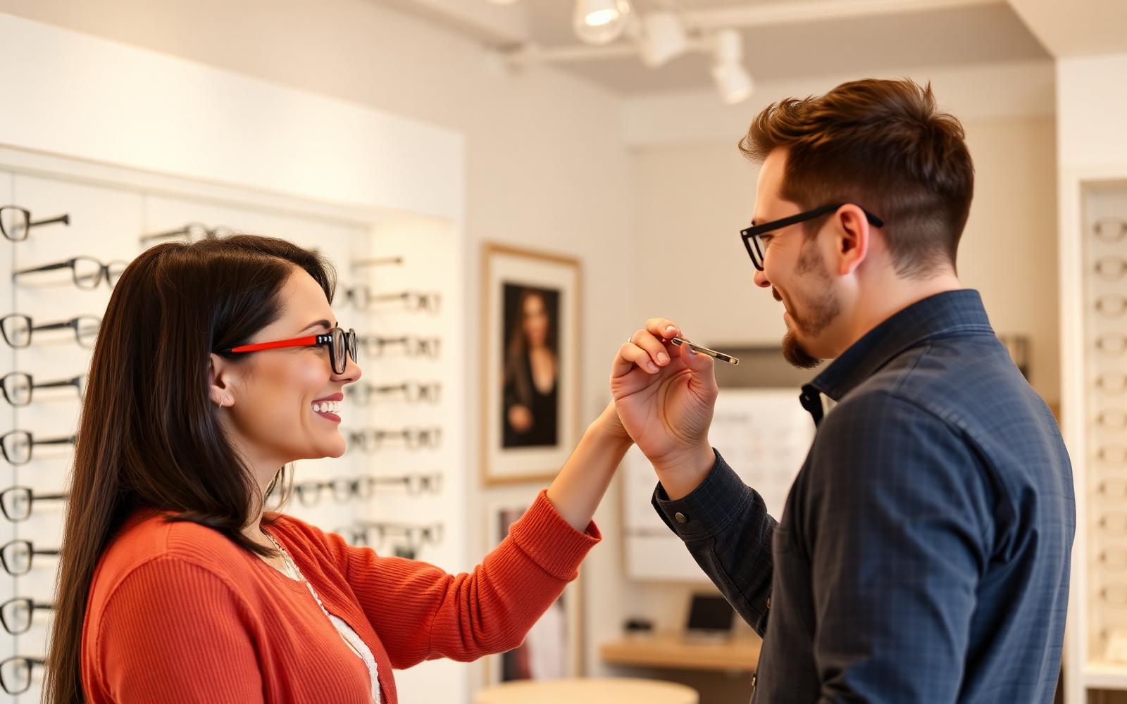 Optician helping a smiling customer try on eyeglasses in front of a mirror