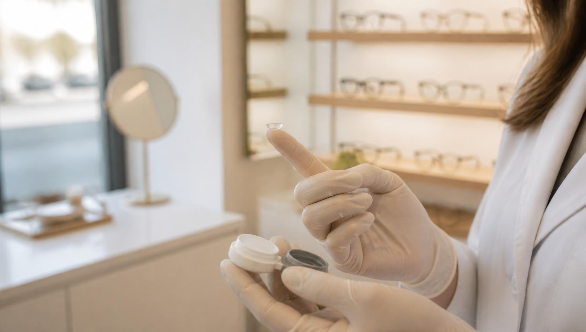 Optometrist holding a contact lens during a fitting appointment