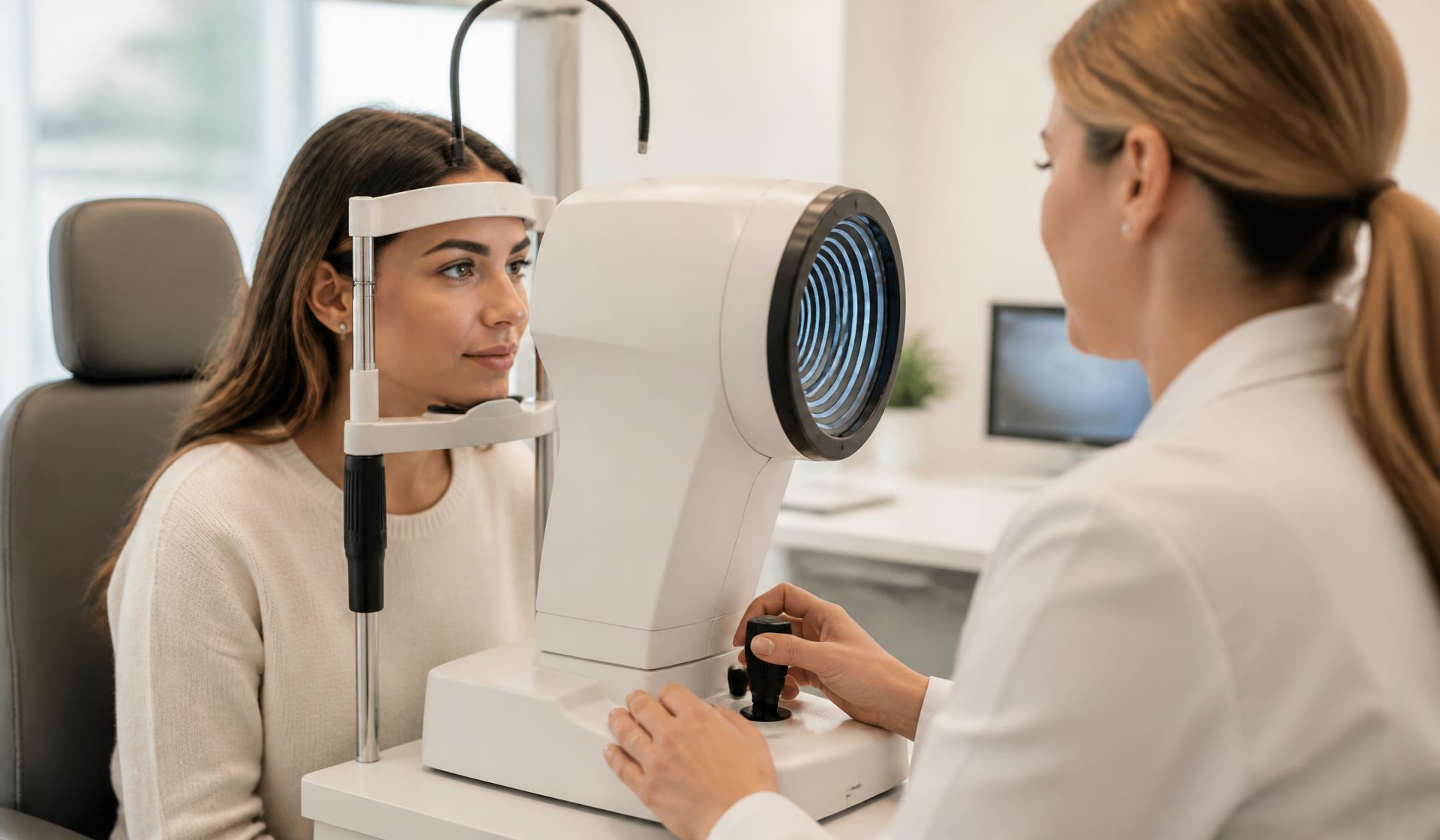 Patient being measured on a corneal instrument before a contact lens fitting