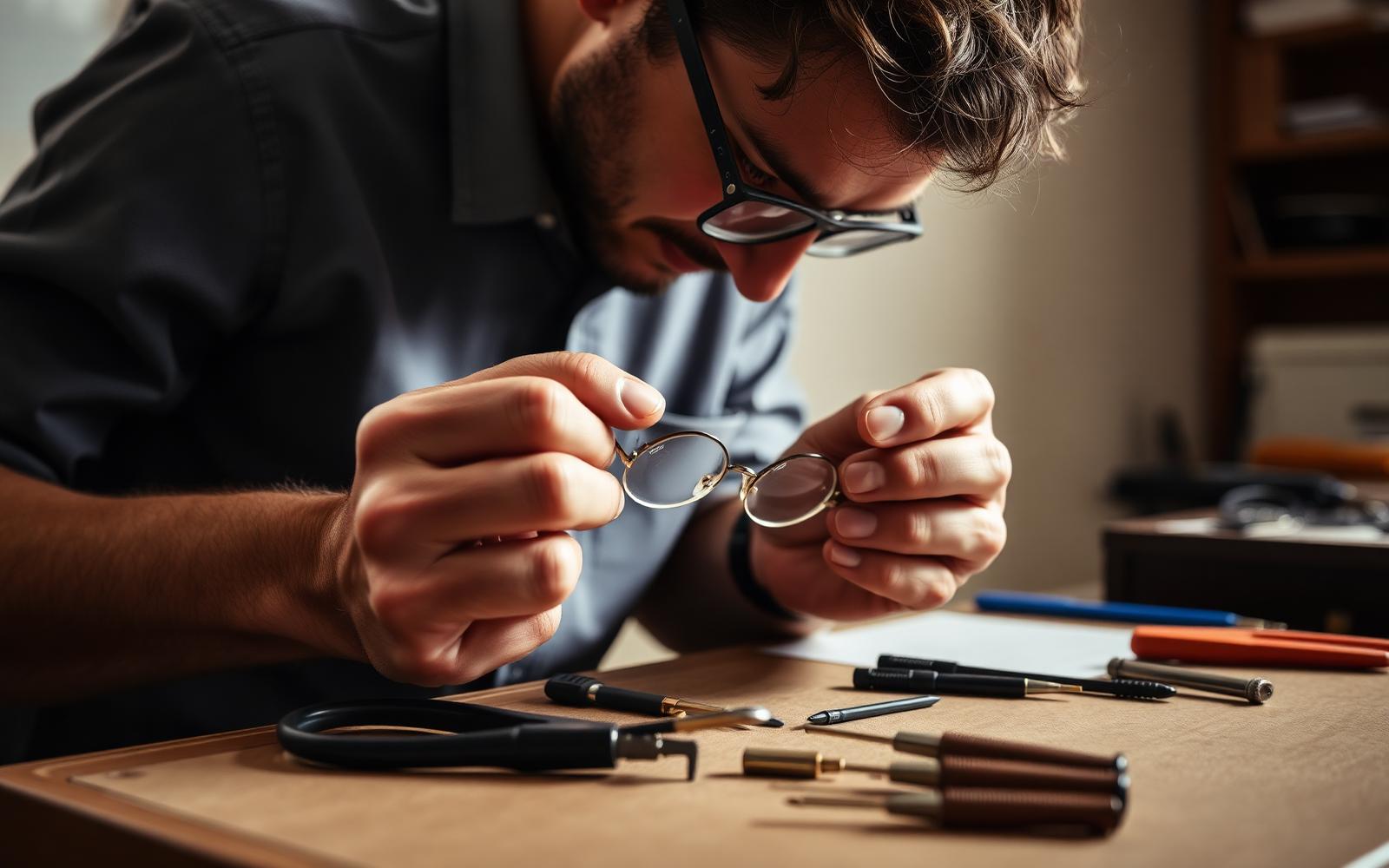 Optician repairing a pair of eyeglasses at a tidy workbench with small tools