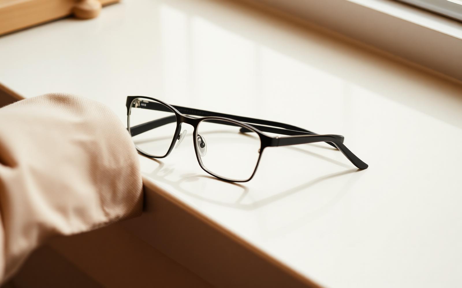 Pair of eyeglasses with a loose arm resting on a clean counter beside a soft cloth