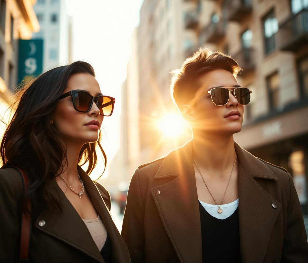 Two people wearing designer eyewear in sunlight